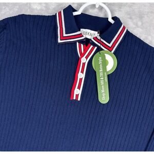 OXKNIT Retro Ribbed Knit Polo Sweater Men L Navy Blue Striped 60's 70s Style NWT